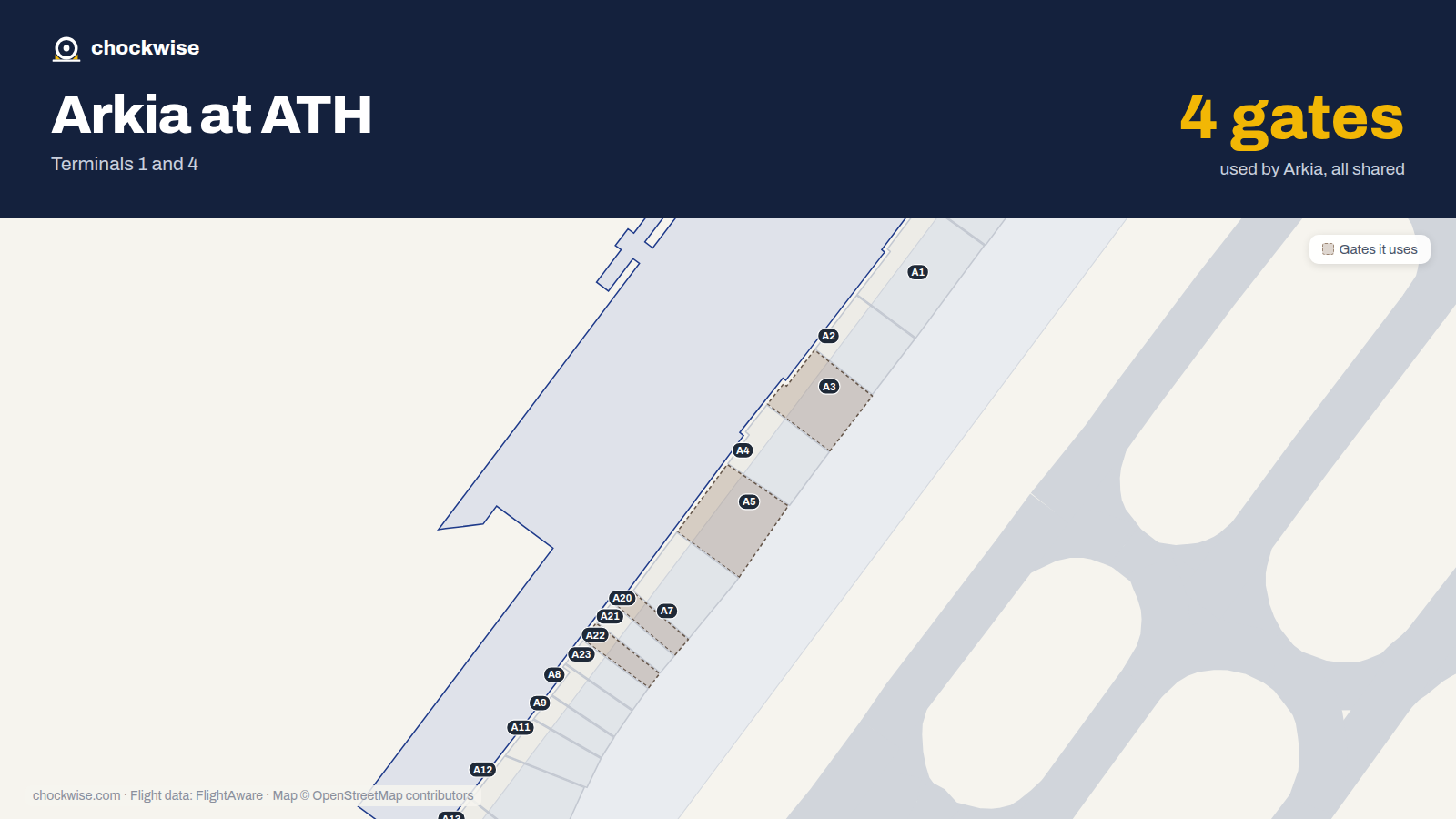 Map of ATH with the gates Arkia Israeli Airlines uses highlighted: A3, A5, A20 and A22.