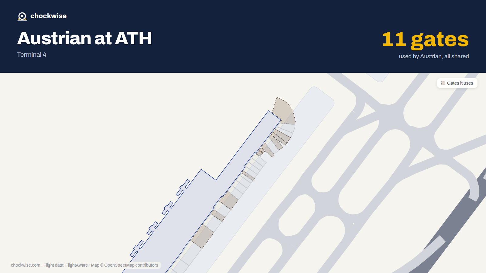 Map of ATH with the gates Austrian Airlines uses highlighted: B3, B5, B7, B9, B12, B13, B15, B26 and 3 more.