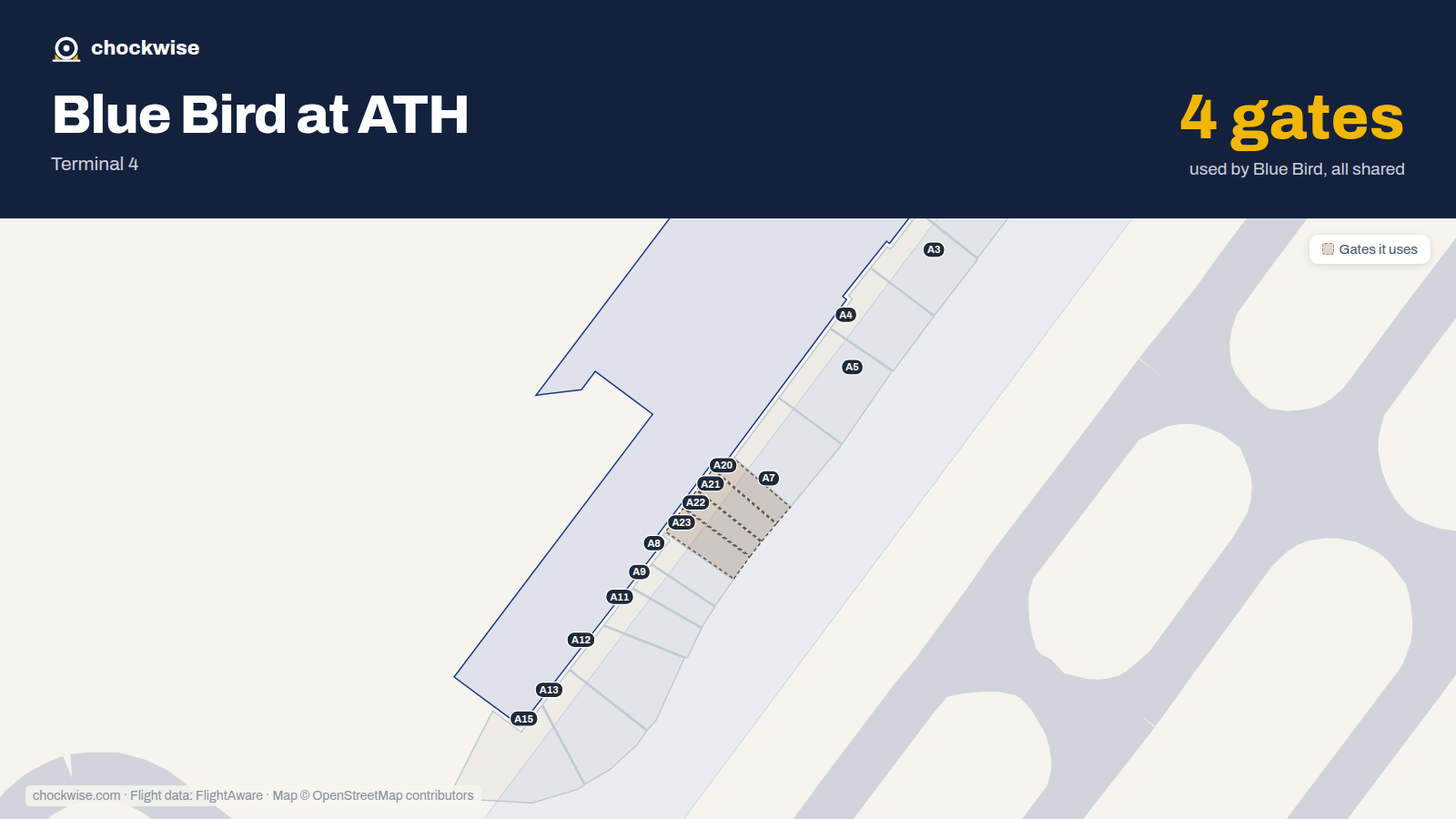 Map of ATH with the gates Blue Bird Airways uses highlighted: A20, A21, A22 and A23.