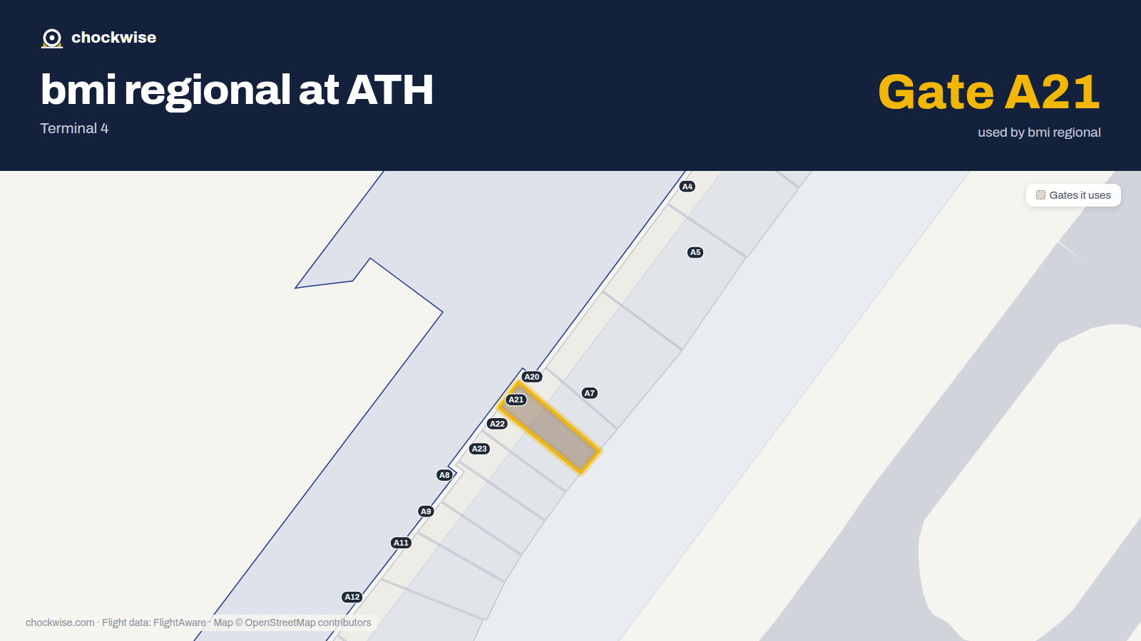 Map of ATH with the gates bmi regional uses highlighted: A21.