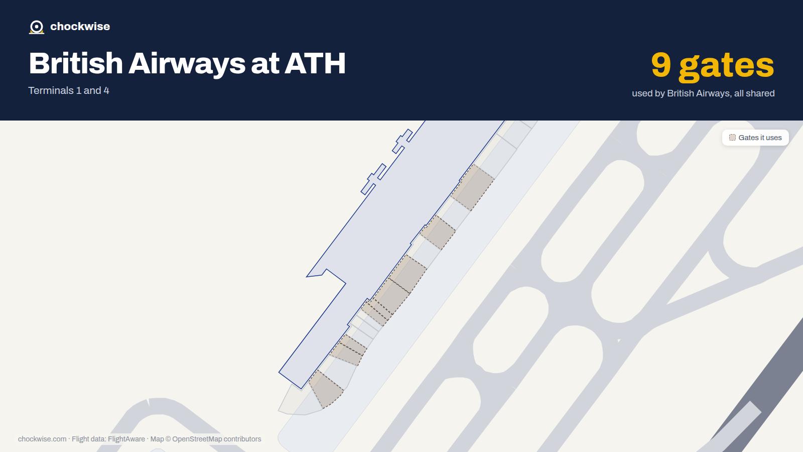 Map of ATH with the gates British Airways uses highlighted: A1, A3, A5, A7, A9, A11, A13, A20 and 1 more.