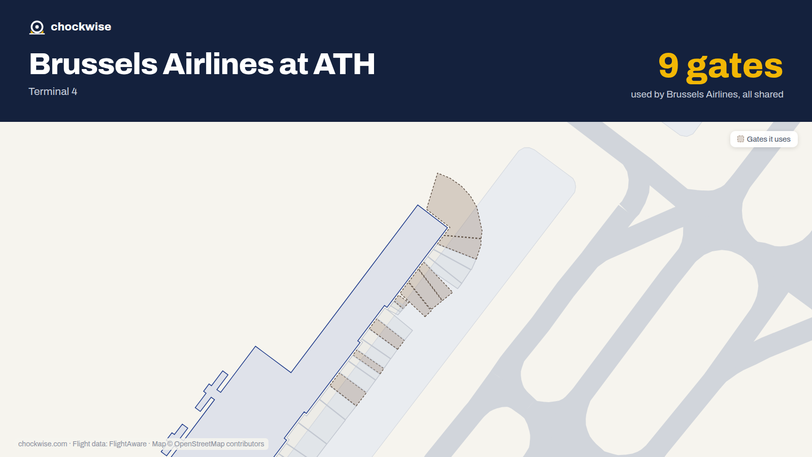 Map of ATH with the gates Brussels Airlines uses highlighted: B9, B12, B13, B15, B19, B24, B27, B28 and 1 more.