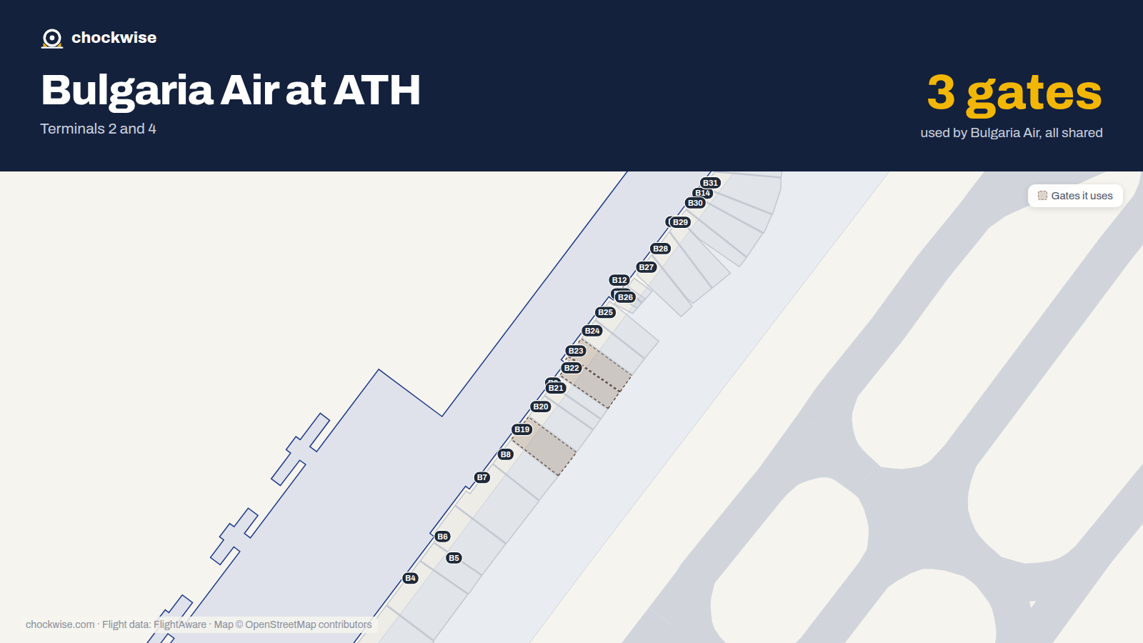 Map of ATH with the gates Bulgaria Air uses highlighted: B19, B22 and B23.