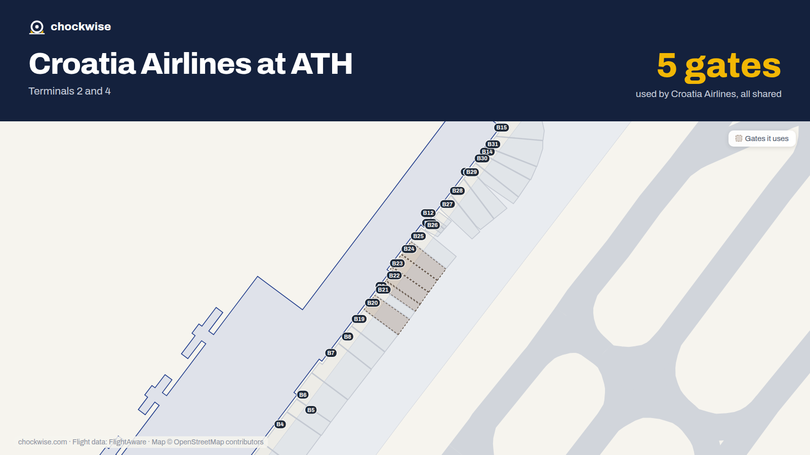 Map of ATH with the gates Croatia Airlines uses highlighted: B9, B20, B22, B23 and B24.