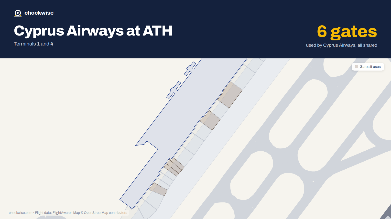 Map of ATH with the gates Cyprus Airways uses highlighted: A1, A3, A11, A20, A21 and A22.