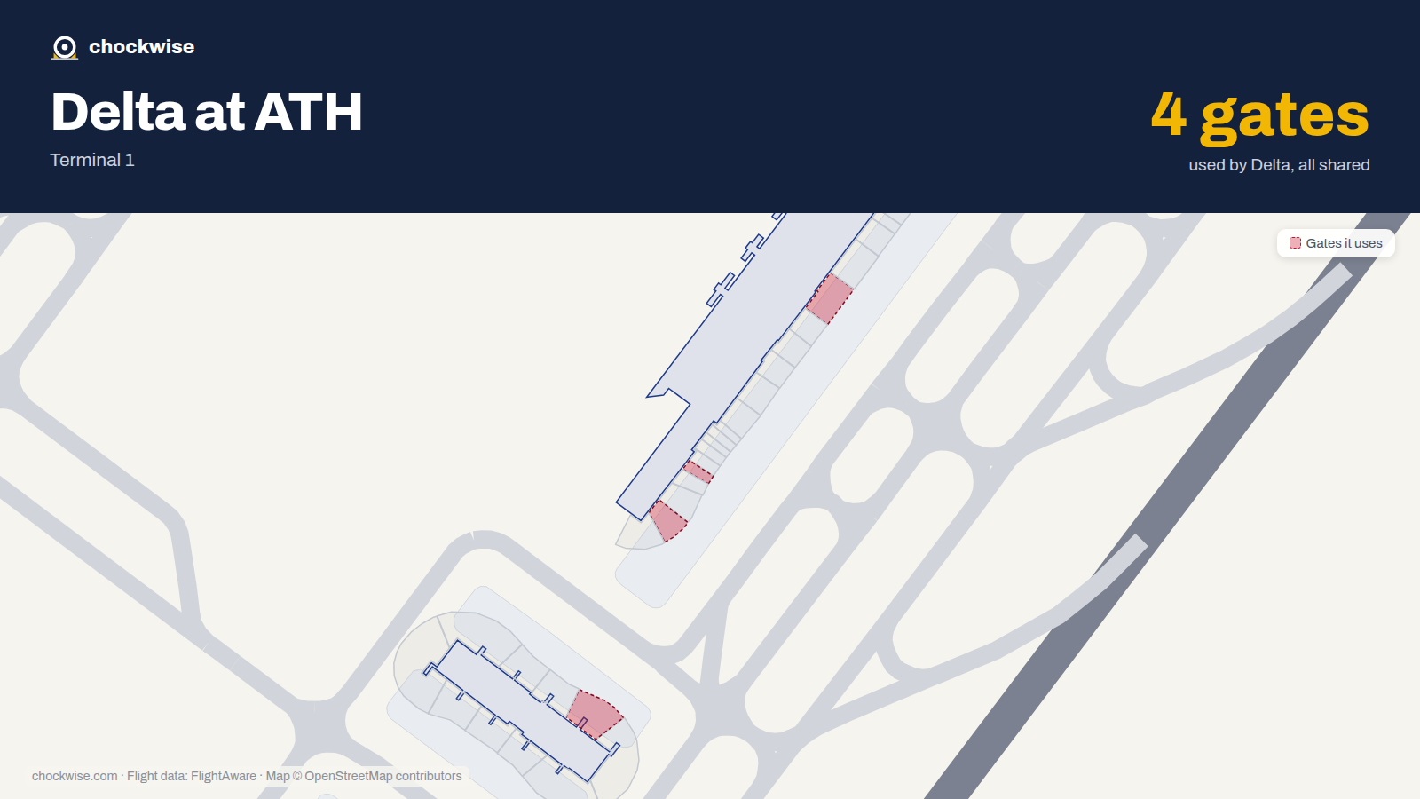 Map of ATH with the gates Delta Air Lines uses highlighted: A1, A9, A13 and C32.