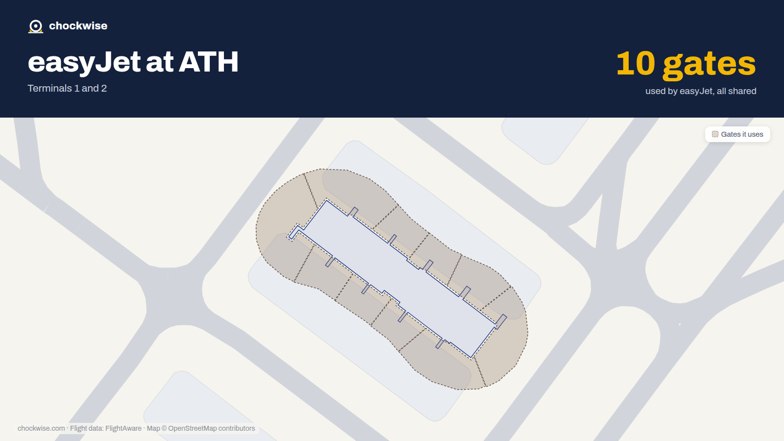 Map of ATH with the gates easyJet uses highlighted: C30, C31, C32, C33, C34, C35, C36, C37 and 2 more.