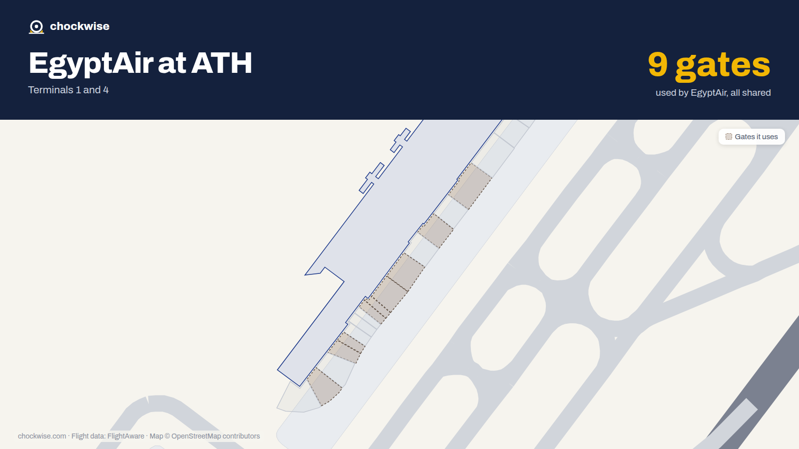 Map of ATH with the gates EgyptAir uses highlighted: A1, A3, A5, A7, A9, A11, A13, A20 and 1 more.