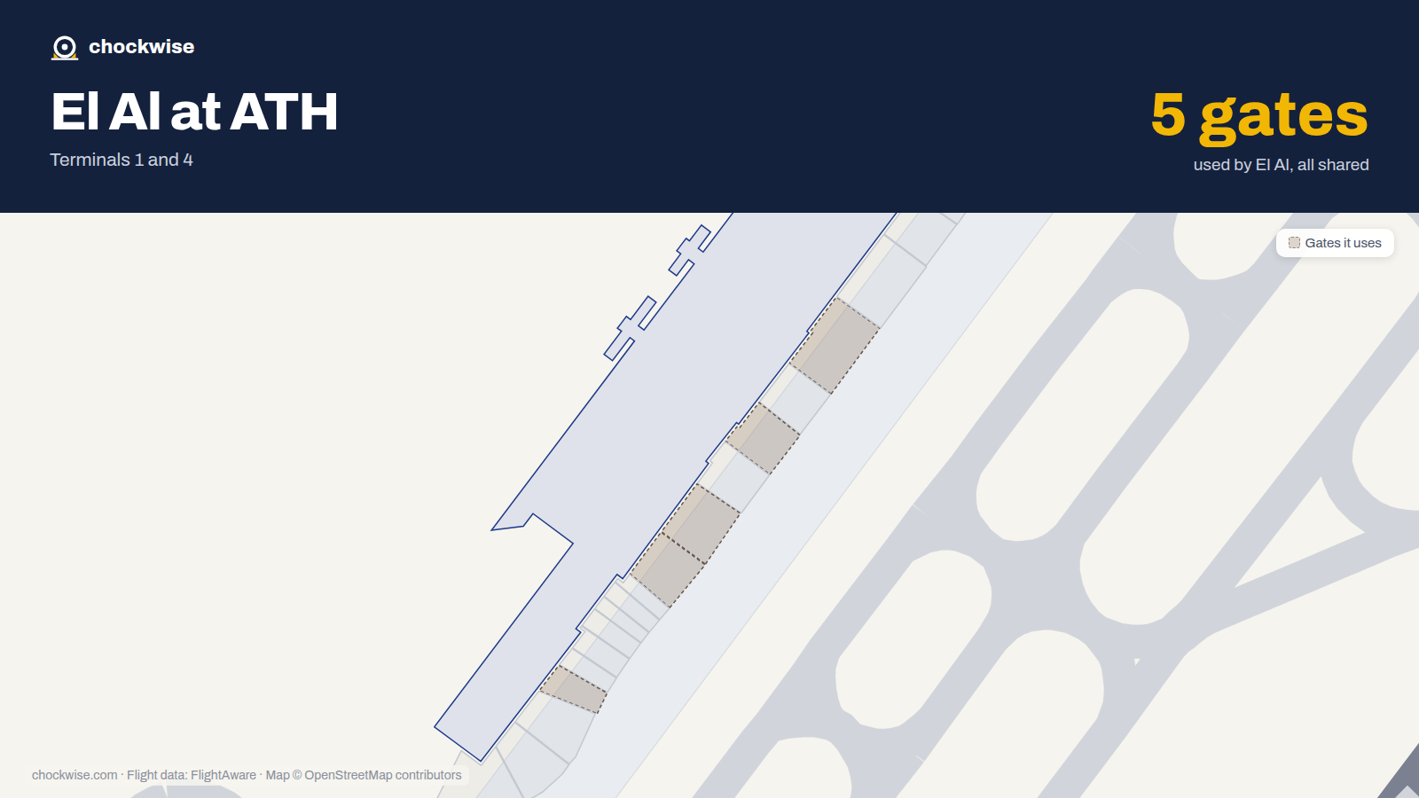 Map of ATH with the gates El Al uses highlighted: A1, A3, A5, A7 and A11.