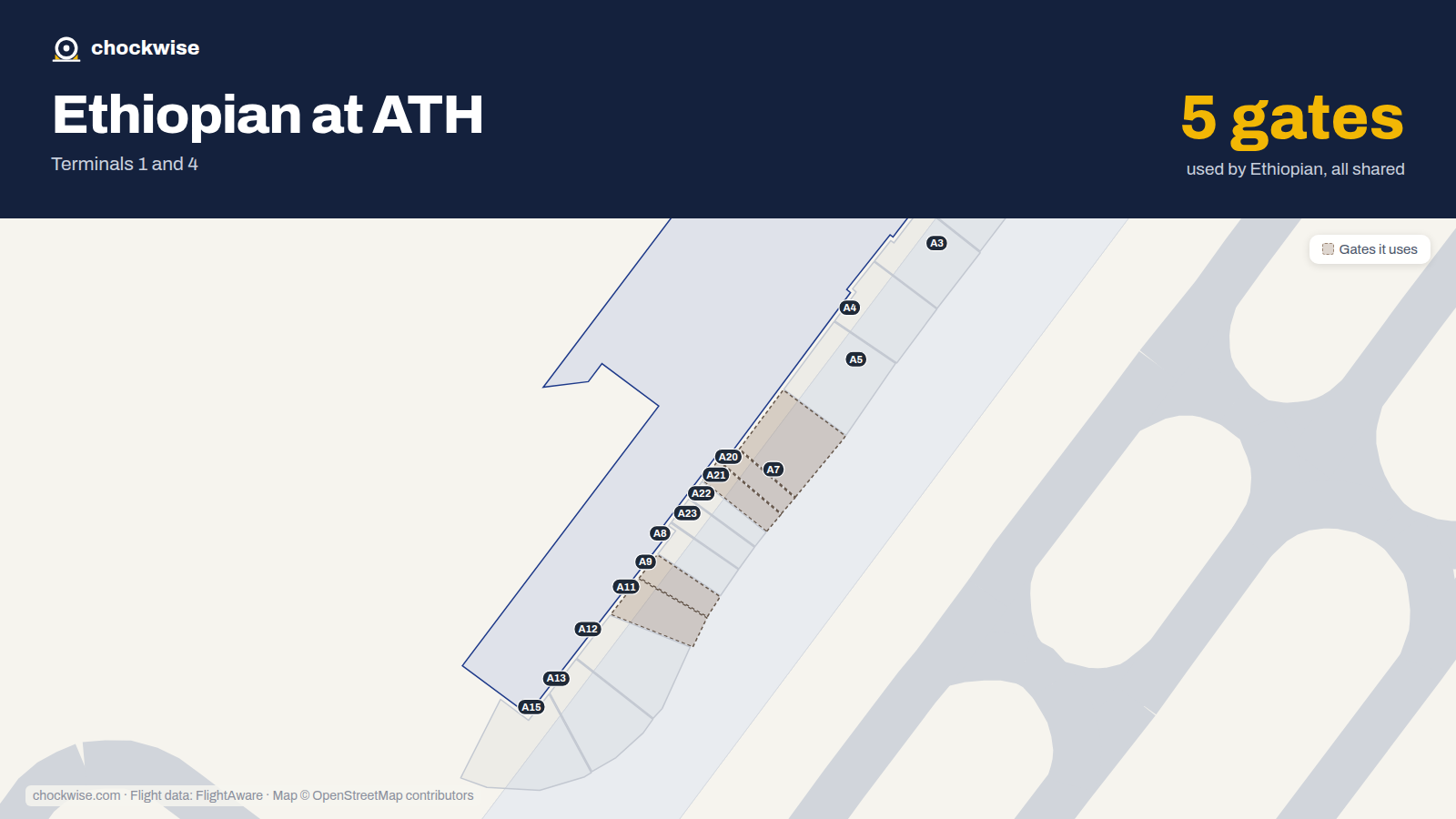 Map of ATH with the gates Ethiopian Airlines uses highlighted: A7, A9, A11, A20 and A21.