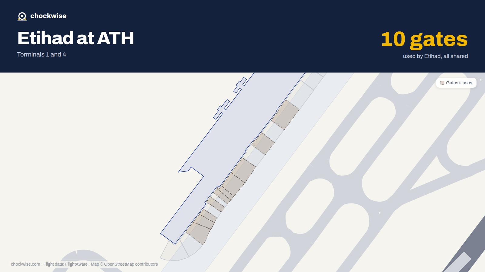 Map of ATH with the gates Etihad Airways uses highlighted: A1, A3, A5, A7, A9, A11, A12, A20 and 2 more.