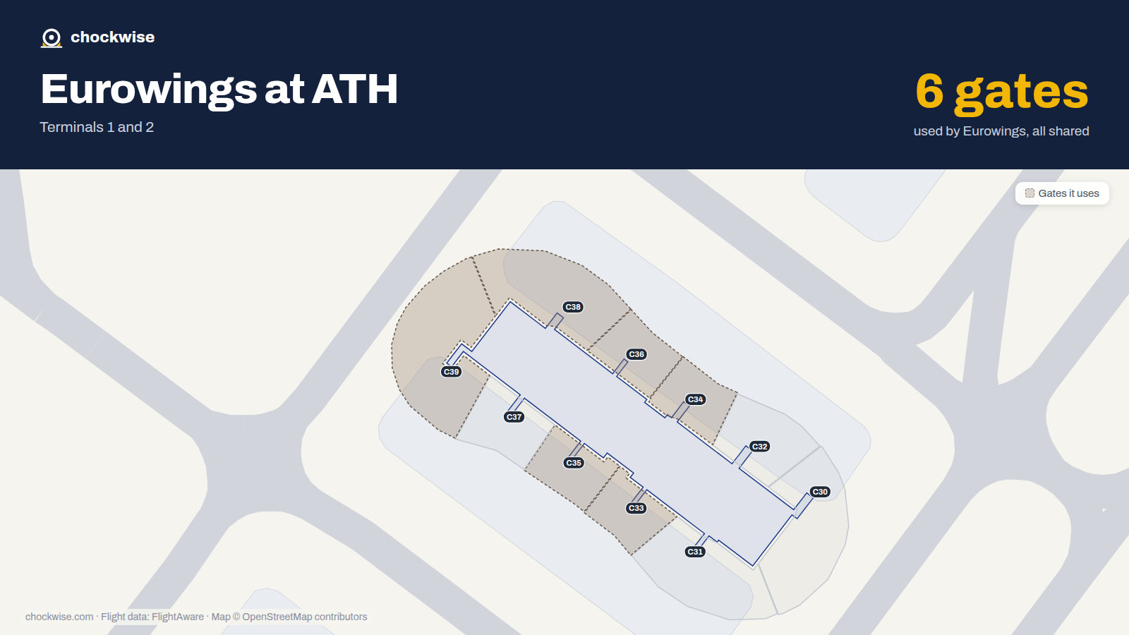Map of ATH with the gates Eurowings uses highlighted: C33, C34, C35, C36, C38 and C39.