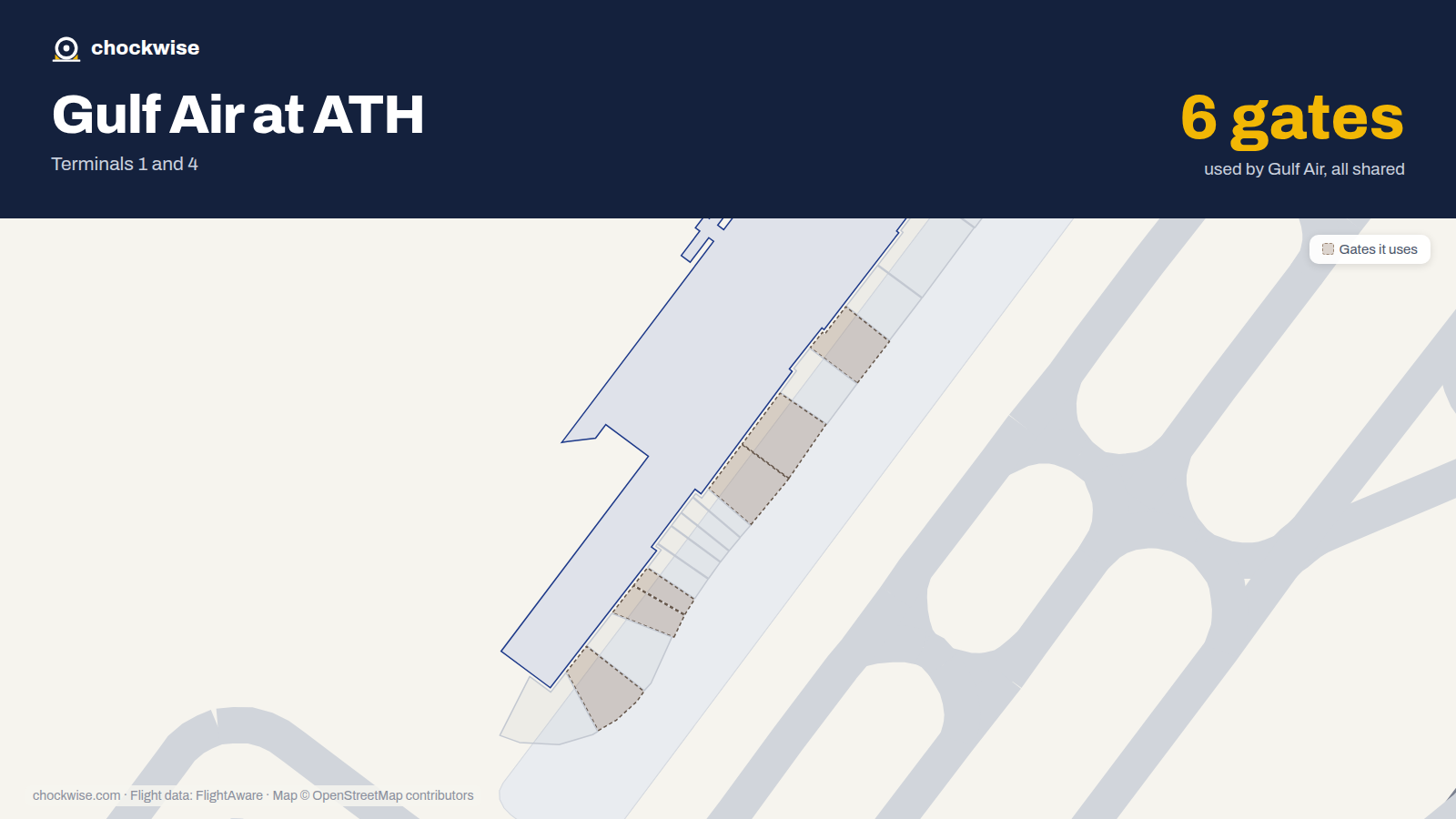 Map of ATH with the gates Gulf Air uses highlighted: A3, A5, A7, A9, A11 and A13.