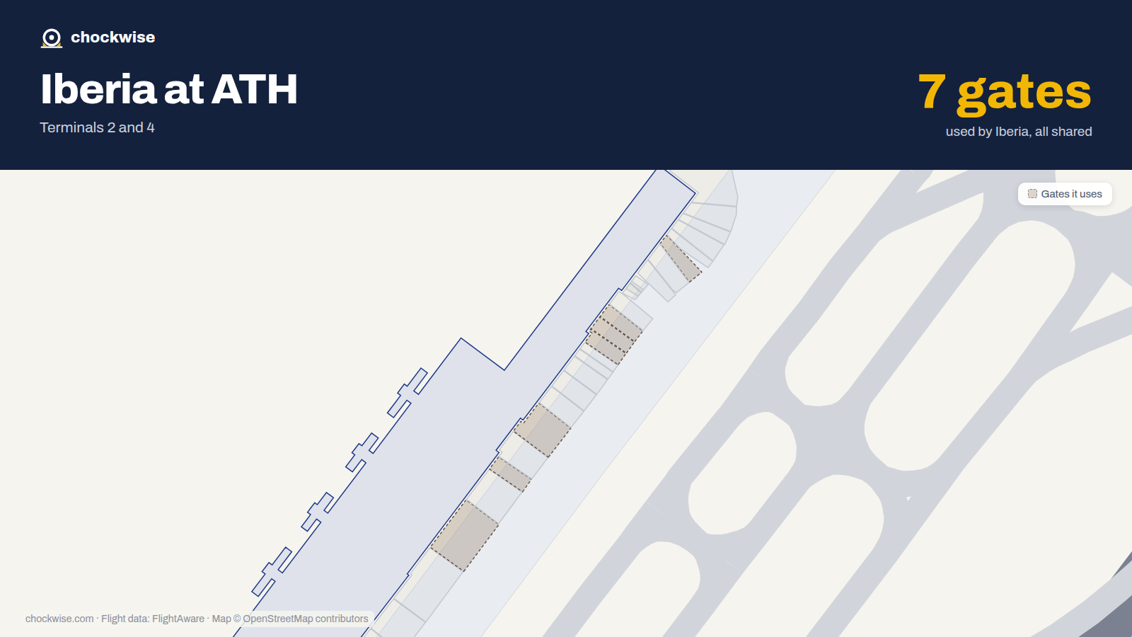 Map of ATH with the gates Iberia uses highlighted: B3, B5, B7, B13, B22, B23 and B24.