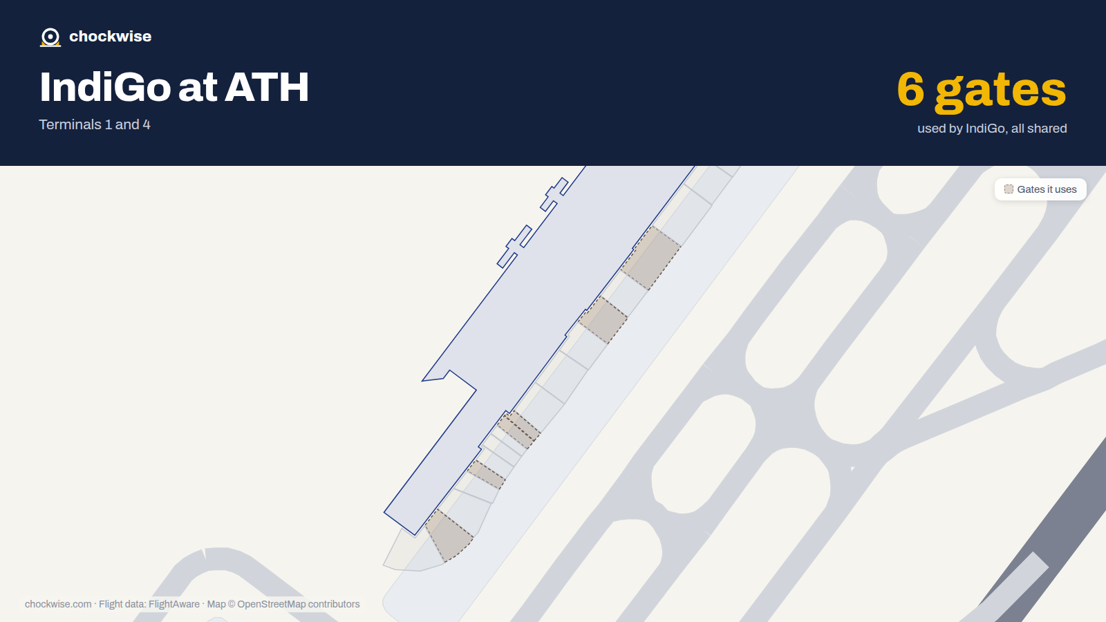 Map of ATH with the gates IndiGo uses highlighted: A1, A3, A9, A13, A20 and A21.