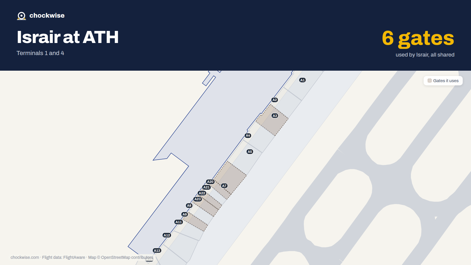 Map of ATH with the gates Israir Airlines uses highlighted: A3, A7, A9, A20, A22 and A23.