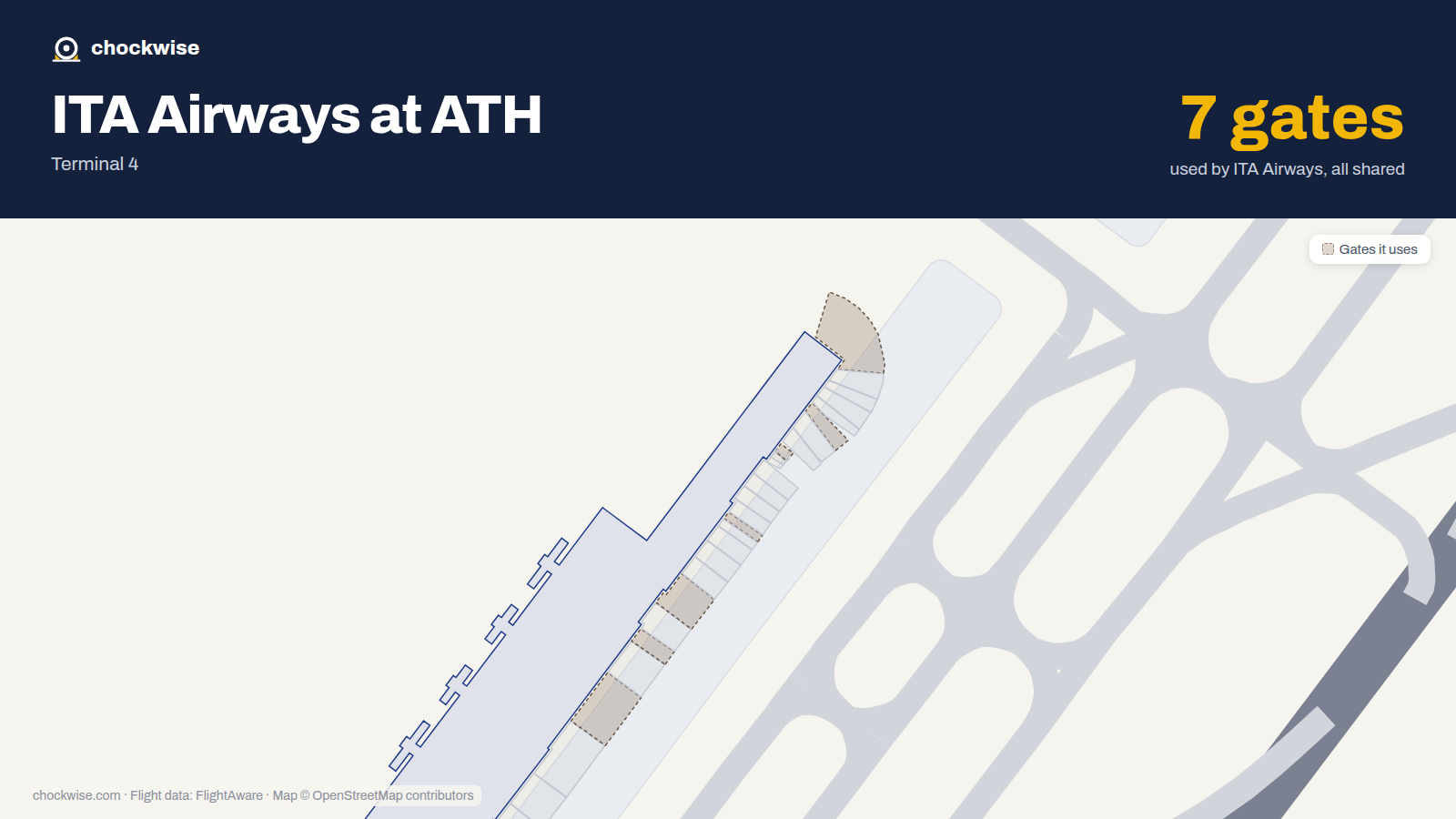 Map of ATH with the gates ITA Airways uses highlighted: B3, B5, B7, B9, B12, B13 and B15.