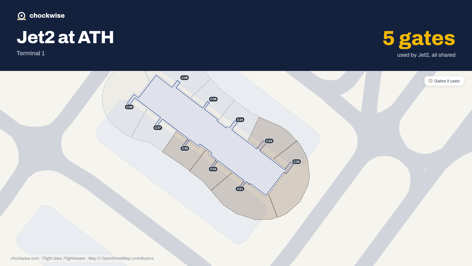 Map of ATH with the gates Jet2.com uses highlighted: C30, C31, C32, C33 and C35.