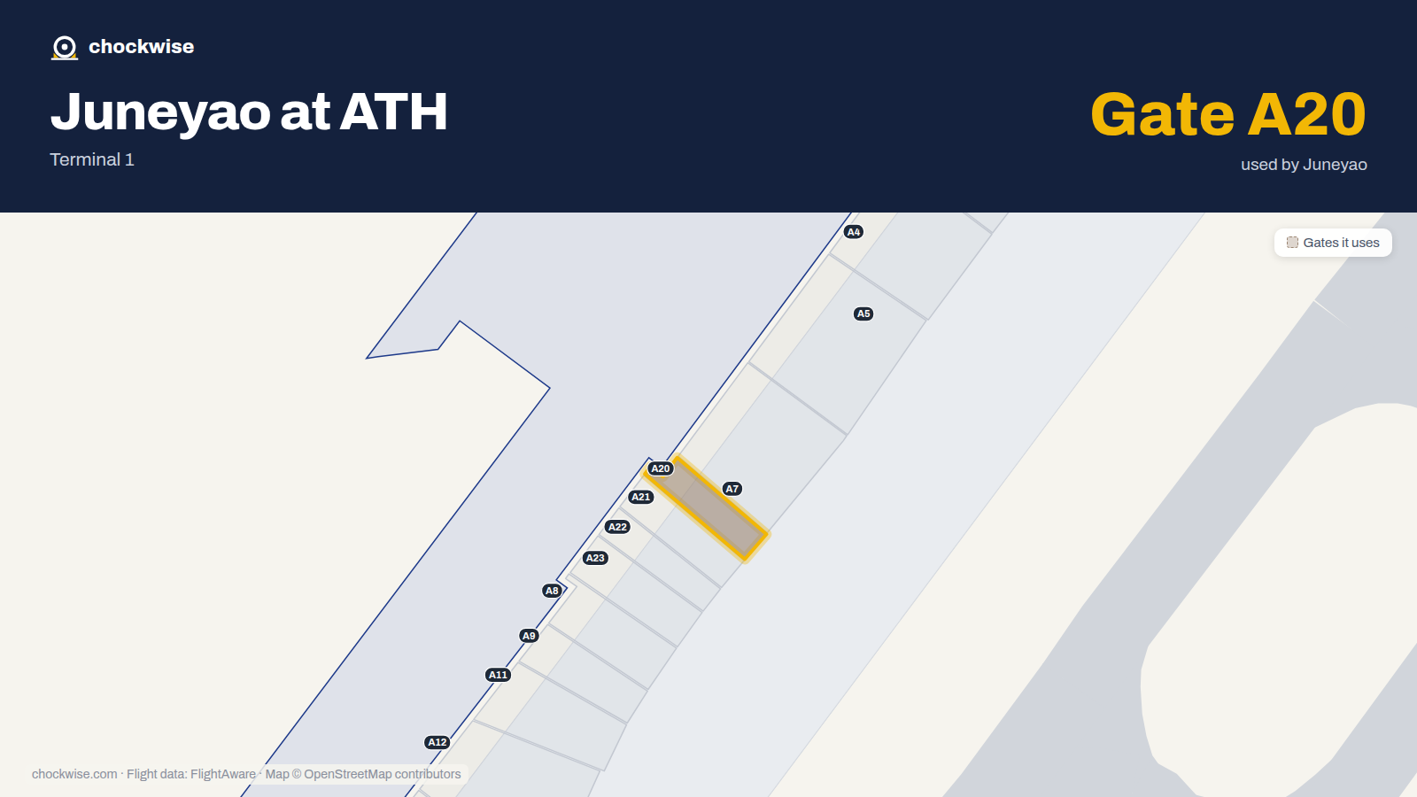 Map of ATH with the gates Juneyao Airlines uses highlighted: A20.