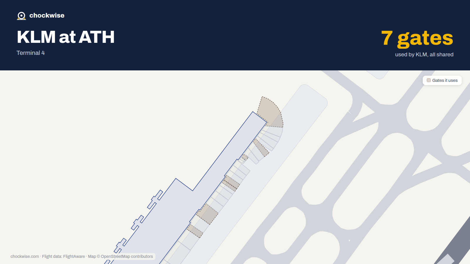 Map of ATH with the gates KLM uses highlighted: B5, B7, B9, B12, B13, B15 and B22.