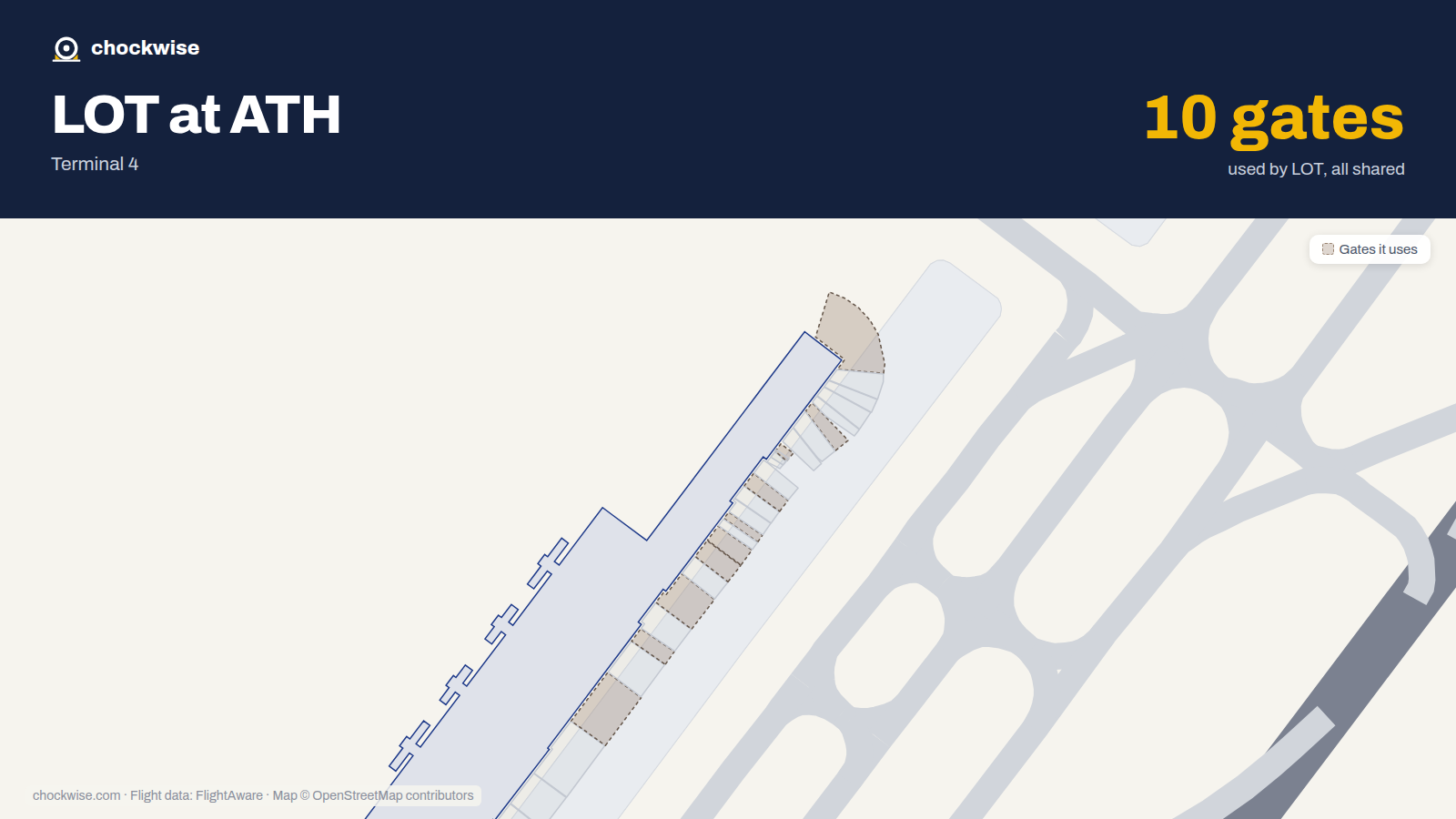 Map of ATH with the gates LOT Polish Airlines uses highlighted: B3, B5, B7, B9, B12, B13, B15, B19 and 2 more.