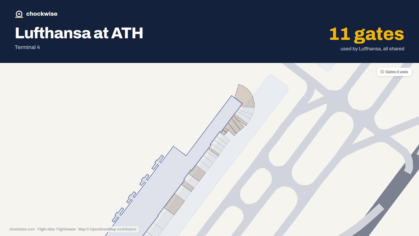 Map of ATH with the gates Lufthansa uses highlighted: B3, B5, B7, B9, B12, B13, B15, B26 and 3 more.