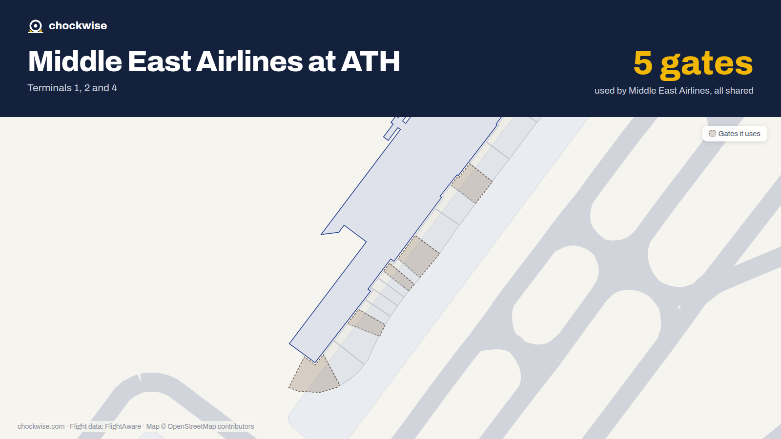 Map of ATH with the gates Middle East Airlines uses highlighted: A3, A7, A11, A15 and A21.