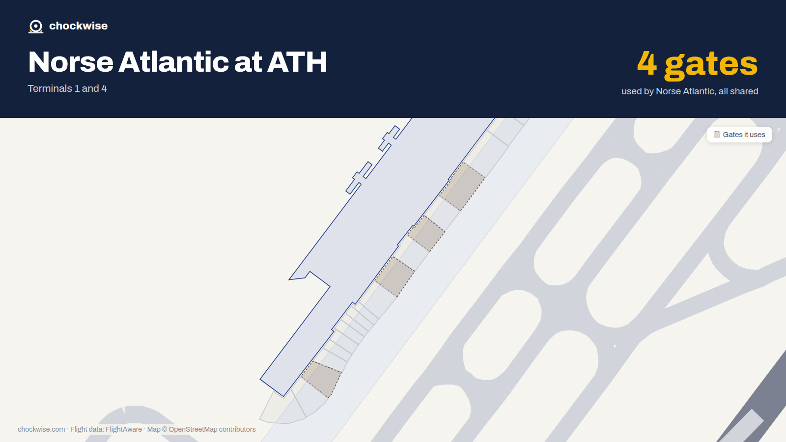 Map of ATH with the gates Norse Atlantic Airways uses highlighted: A1, A3, A5 and A12.