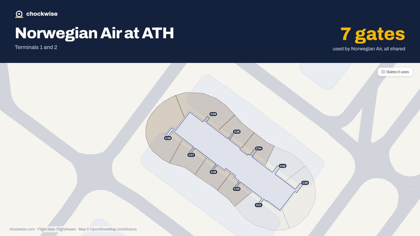 Map of ATH with the gates Norwegian Air Shuttle uses highlighted: C33, C34, C35, C36, C37, C38 and C39.