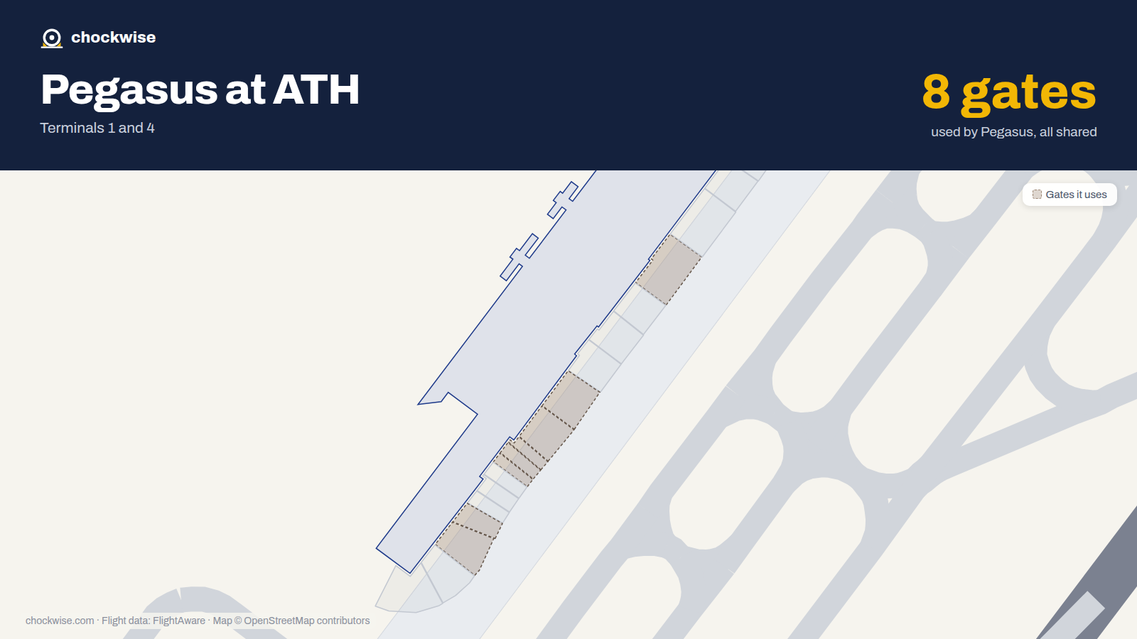 Map of ATH with the gates Pegasus Airlines uses highlighted: A1, A5, A7, A11, A12, A20, A21 and A22.