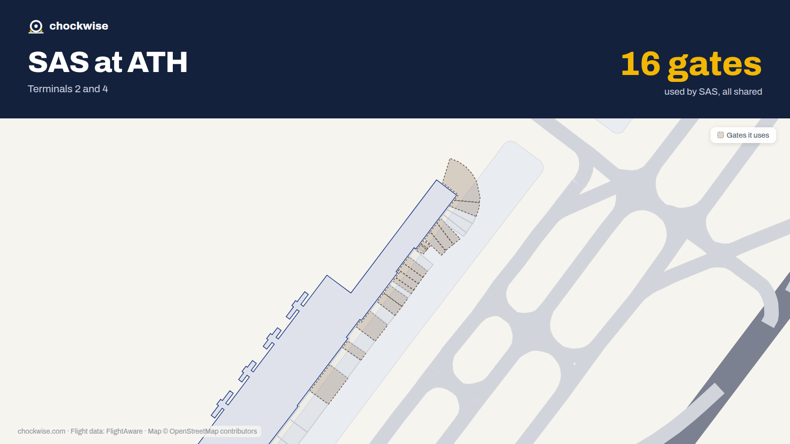 Map of ATH with the gates SAS Scandinavian Airlines uses highlighted: B3, B5, B7, B9, B12, B13, B15, B19 and 8 more.