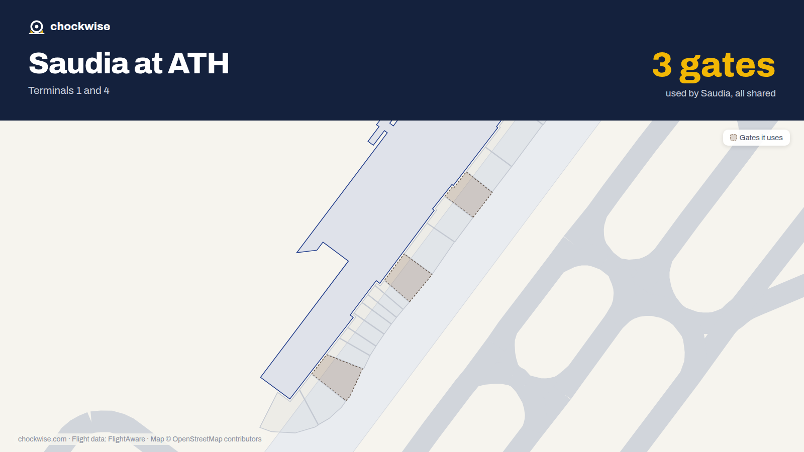 Map of ATH with the gates Saudia uses highlighted: A3, A7 and A12.