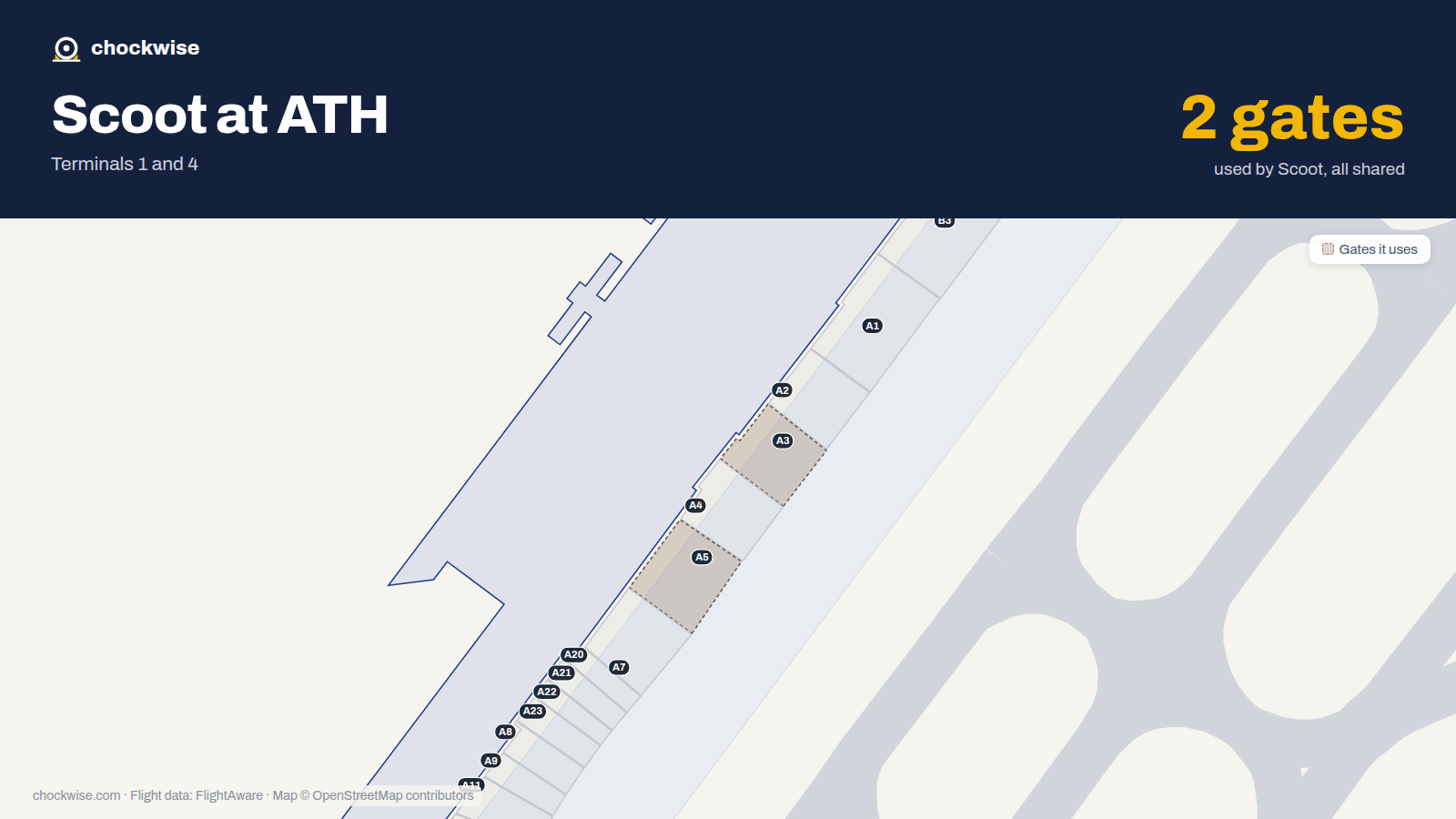 Map of ATH with the gates Scoot uses highlighted: A3 and A5.
