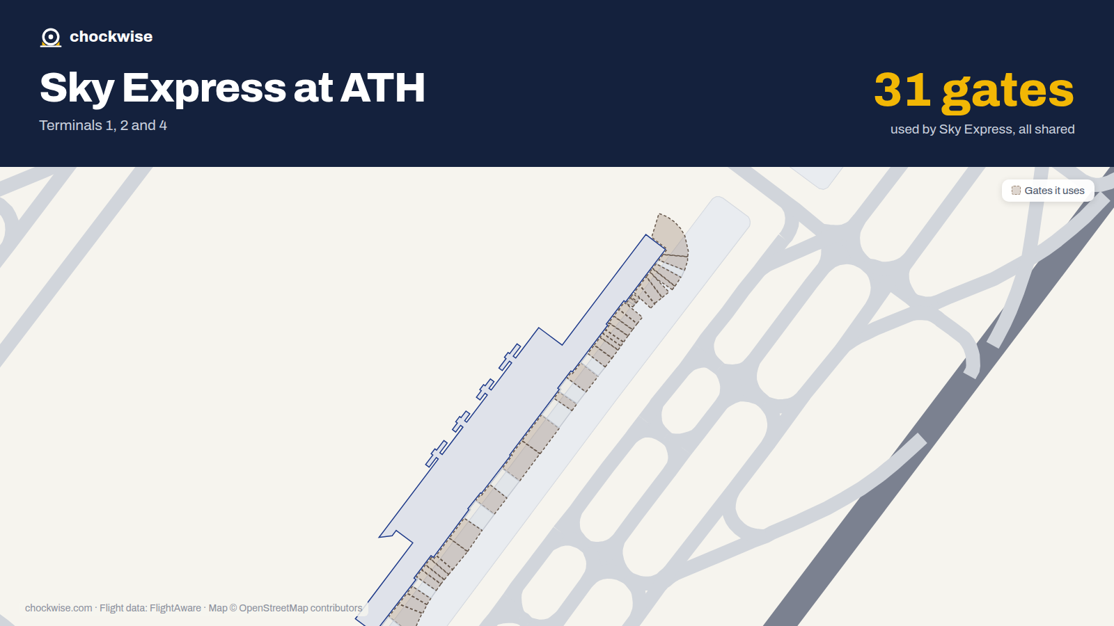 Map of ATH with the gates Sky Express uses highlighted: A1, A3, B3, A5, B5, A7, B7, A9 and 23 more.