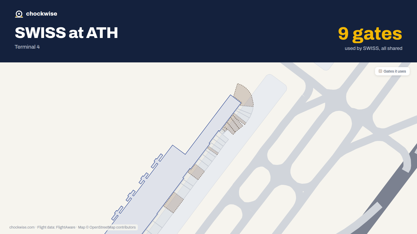 Map of ATH with the gates SWISS uses highlighted: B3, B7, B9, B12, B13, B15, B27, B28 and 1 more.