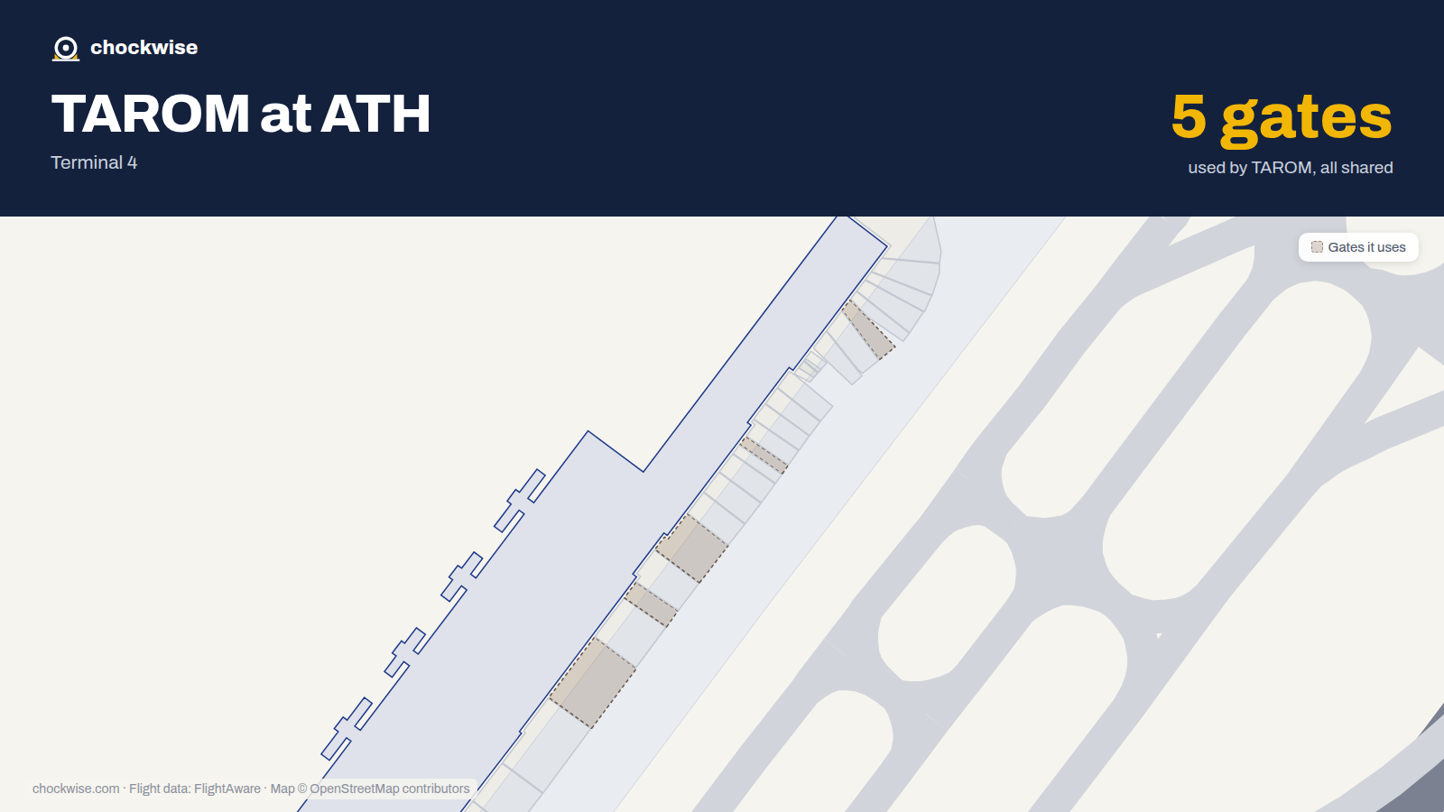 Map of ATH with the gates TAROM uses highlighted: B3, B5, B7, B9 and B13.