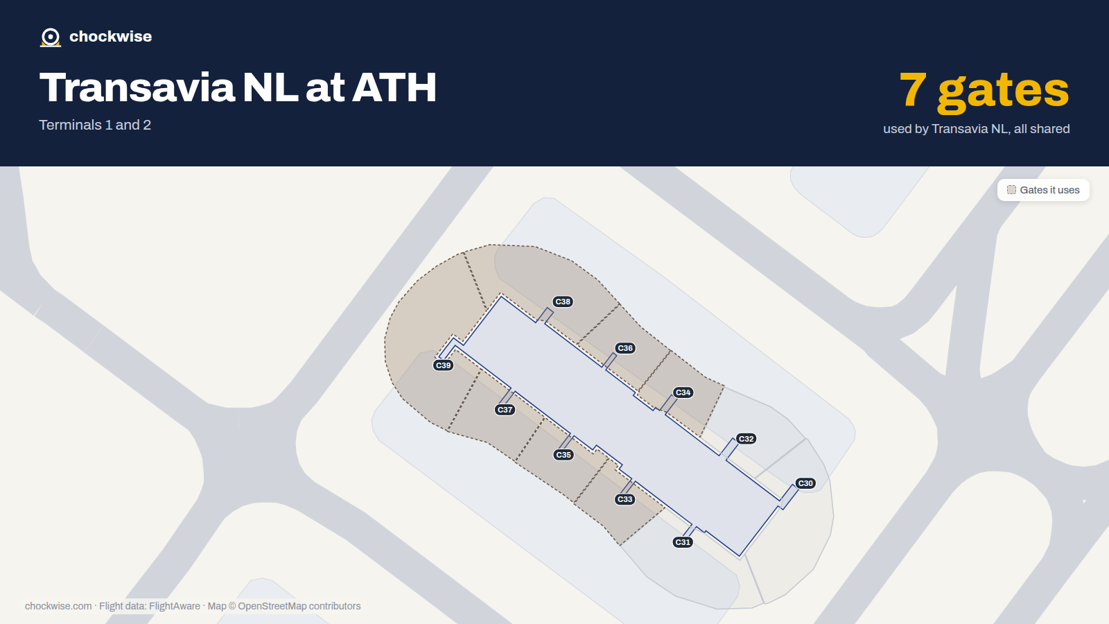 Map of ATH with the gates Transavia uses highlighted: C33, C34, C35, C36, C37, C38 and C39.