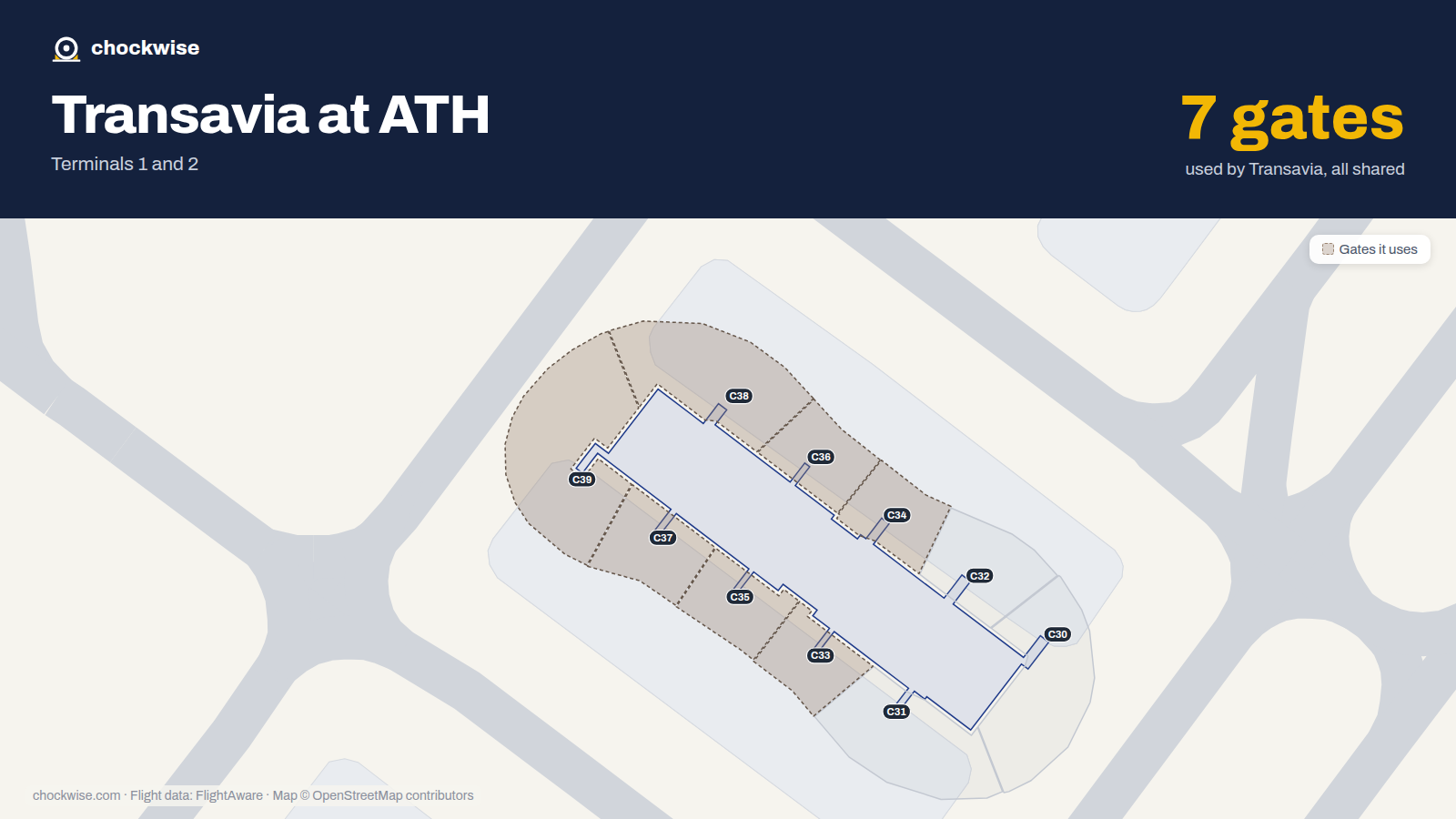 Map of ATH with the gates Transavia France uses highlighted: C33, C34, C35, C36, C37, C38 and C39.