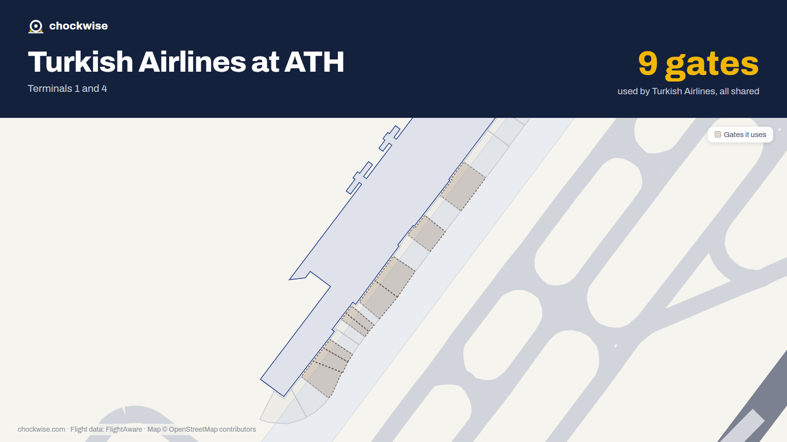 Map of ATH with the gates Turkish Airlines uses highlighted: A1, A3, A5, A7, A9, A11, A12, A21 and 1 more.