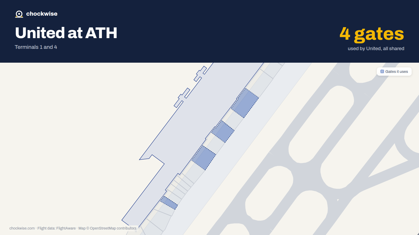 Map of ATH with the gates United Airlines uses highlighted: A1, A3, A5 and A9.
