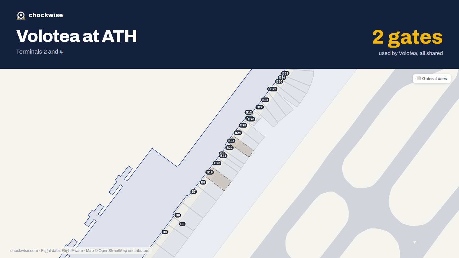 Map of ATH with the gates Volotea uses highlighted: B19 and B23.