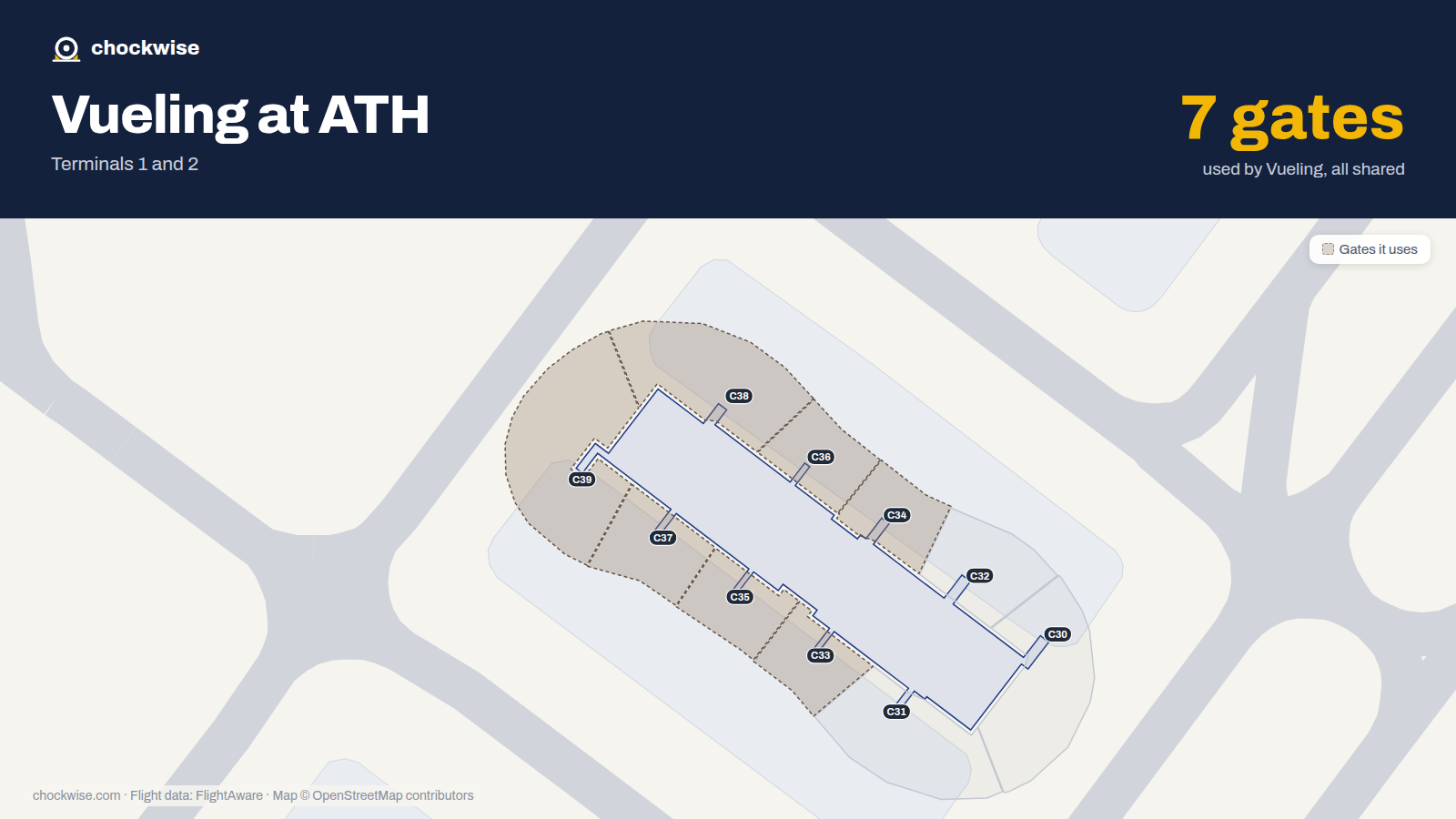 Map of ATH with the gates Vueling uses highlighted: C33, C34, C35, C36, C37, C38 and C39.
