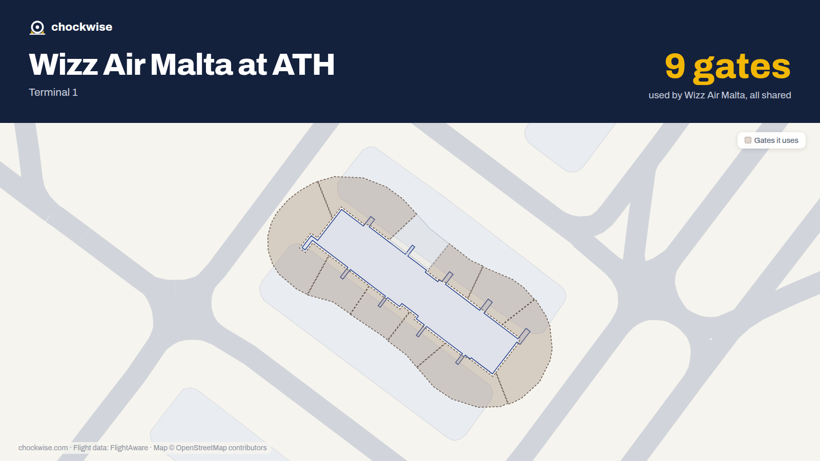 Map of ATH with the gates Wizz Air Malta uses highlighted: C30, C31, C32, C33, C34, C35, C37, C38 and 1 more.