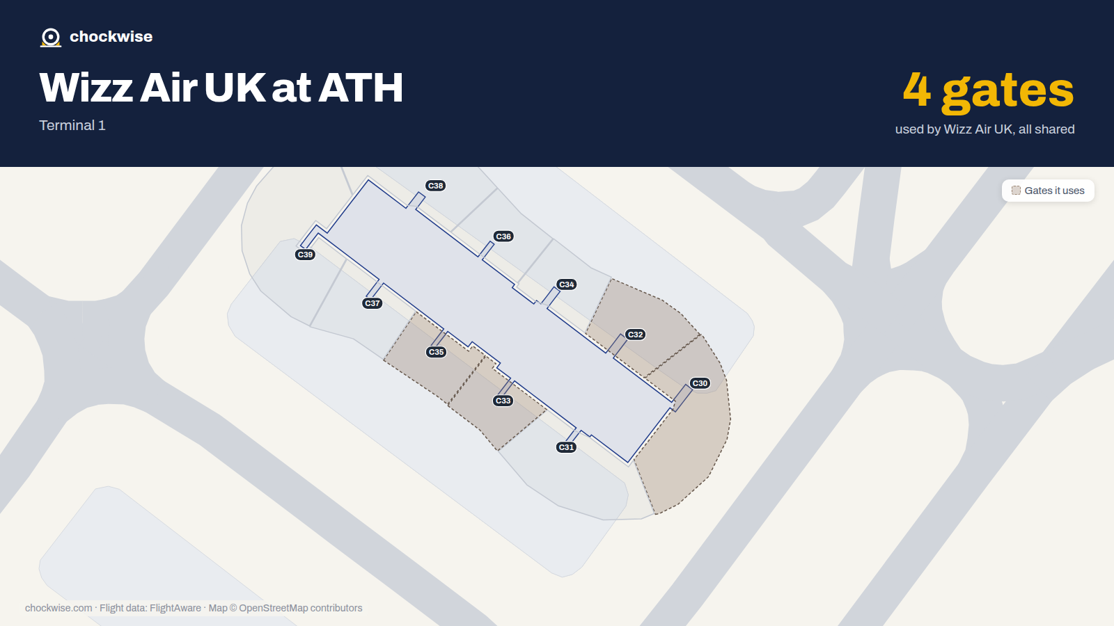 Map of ATH with the gates Wizz Air UK uses highlighted: C30, C32, C33 and C35.
