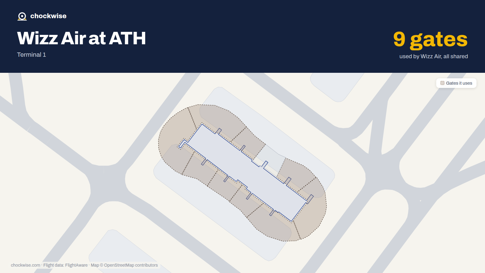 Map of ATH with the gates Wizz Air uses highlighted: C30, C31, C32, C33, C35, C36, C37, C38 and 1 more.