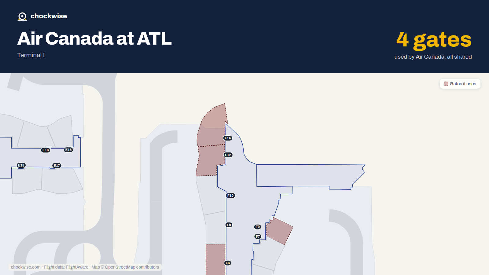 Map of ATL with the gates Air Canada uses highlighted: F6, F9, F12 and F14.