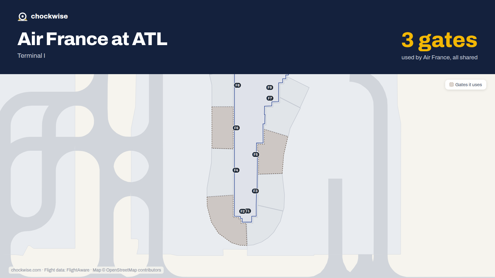 Map of ATL with the gates Air France uses highlighted: F2, F5 and F6.