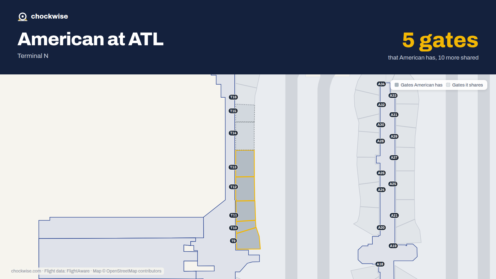 Map of ATL with the gates American Airlines uses highlighted: T9, T10, T11, T12 and T13.