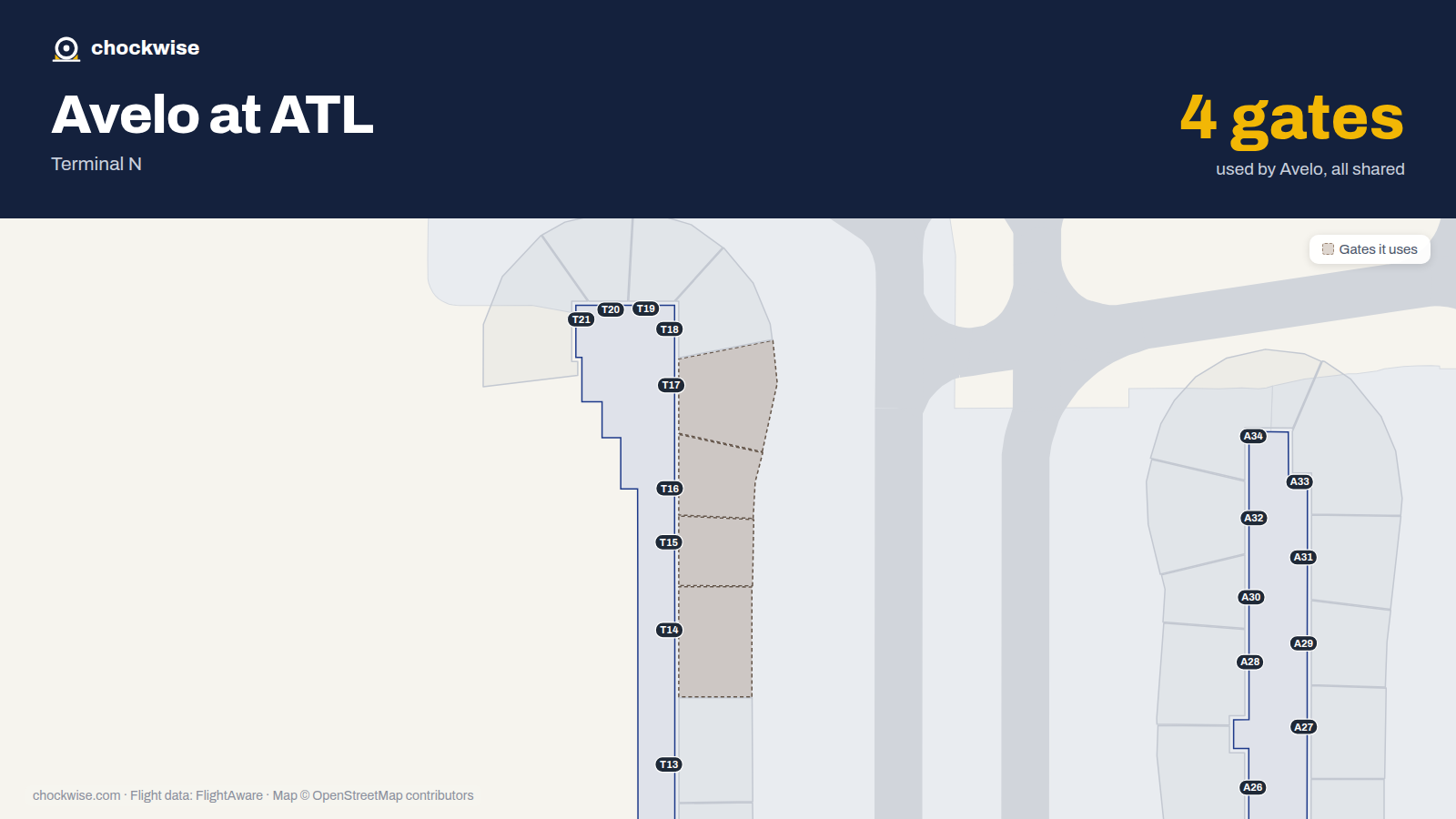 Map of ATL with the gates Avelo Airlines uses highlighted: T14, T15, T16 and T17.