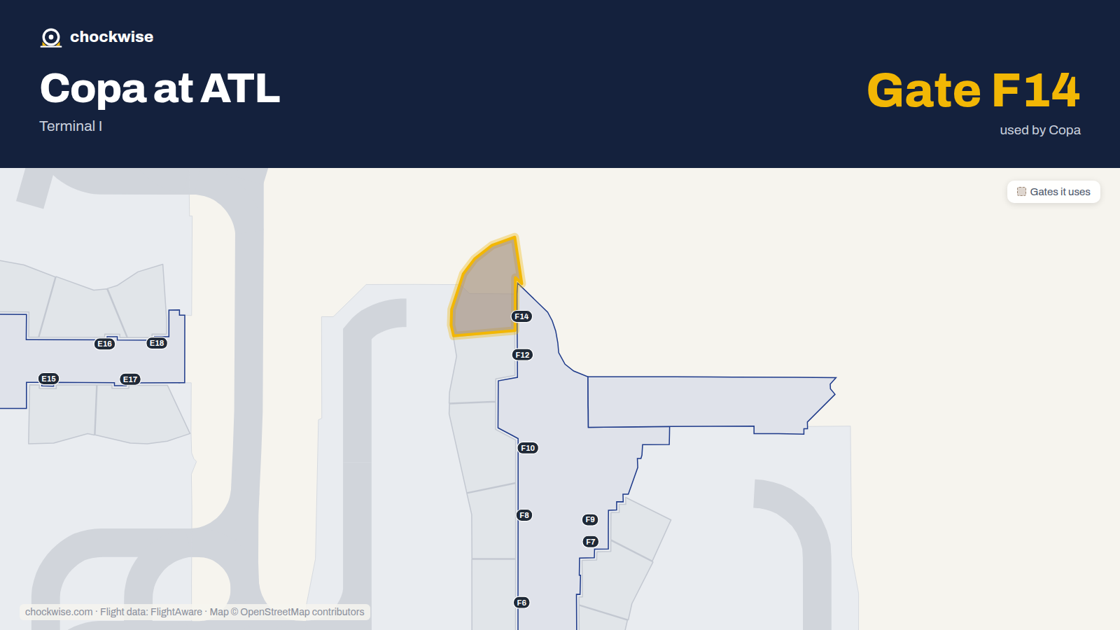 Map of ATL with the gates Copa Airlines uses highlighted: F14.